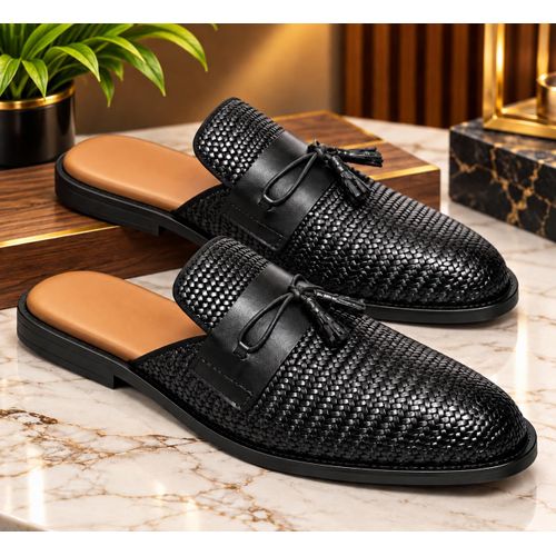 premium black woven mule half shoes