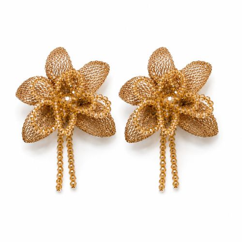 Women's 3D Flower Beaded Tassel Stud Earrings - Gold, Blue & Purple