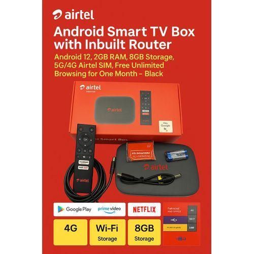Android Smart TV Box with Inbuilt Router, Android 12, 2GB RAM, 8GB Storage, 5G/4G Airte SIM, Free Unlimited Browsing for One Month, Free UPS – Black -Latest Version