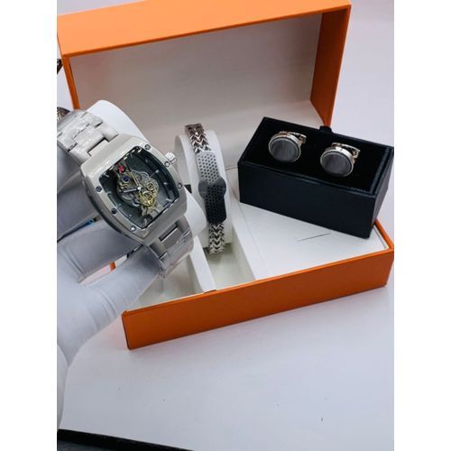 Super Sophisticated Forever Lasting Silver Chain Wristwatch + Bracelet & Cufflinks