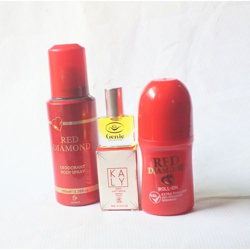 Perfume Combo 3 in 1 of Special Red Diamond Body Spray 100ml, Kaly Red Oil Perfume 5ml and Red Diamond Roll On 50ml (Unisex All Day Choice), (Xmas/Val), NAFDAC Number: Spray: A2-101001, EDP: A2-103597, Roll On: 02-8925