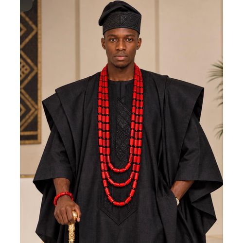 6 PCS Men Traditional Royal Red Beads Necklace + Bracelet Set Necklace African Coral Beads for Men Cultural Jewelry Wedding & Festival Accessories Stylish Tribal Beads for Men