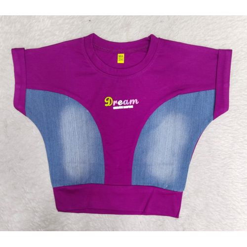 Girls' Purple Denim-Style Panel Casual Top