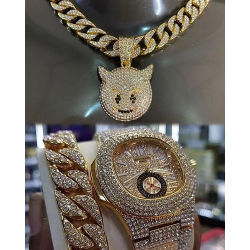 4in1" Cuban Solid Stone-ice Gold Complete Set _(Watch, Handchain, Neckchain & Pendant)