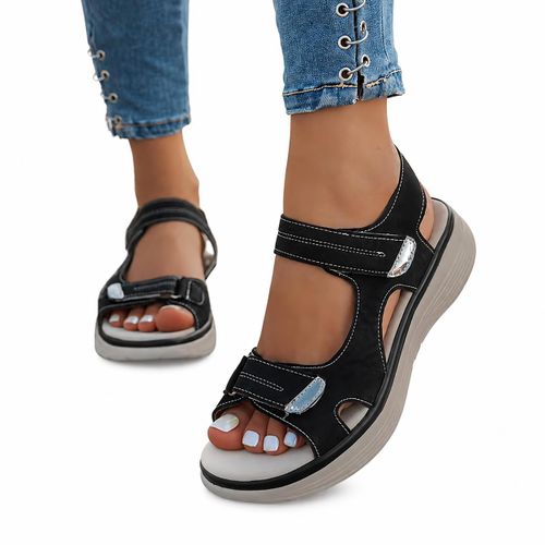 Women’s Black Platform Sandals – Adjustable Straps, Open-Toe Casual Comfort Sandals