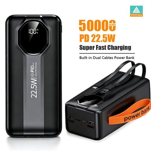 50000mAh Power Bank PD22.5W Fast Charging, Built in Dual Cables, Multi Port Output Digital Display Large Capacity Portable External Battery with Lanyard for Mobile Phones