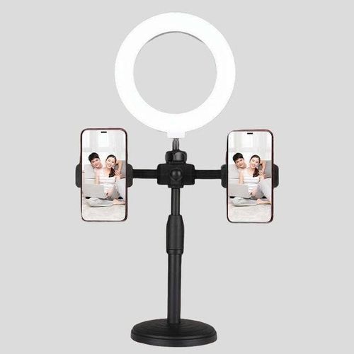 6-Inch LED Ring Light Dual Phone Holder Desktop Stand with Adjustable Brightness & Live Streaming Phone Stand.