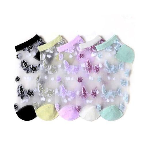 Ankle Socks Women's 5-Pack Daily Casual Summer Wear Polyester Sheer Mesh Butterfly Print Breathable Lightweight Comfortable Multicolor