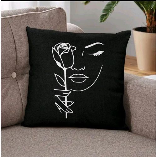 Black and White Line art with Rose Printed Throw Pillow