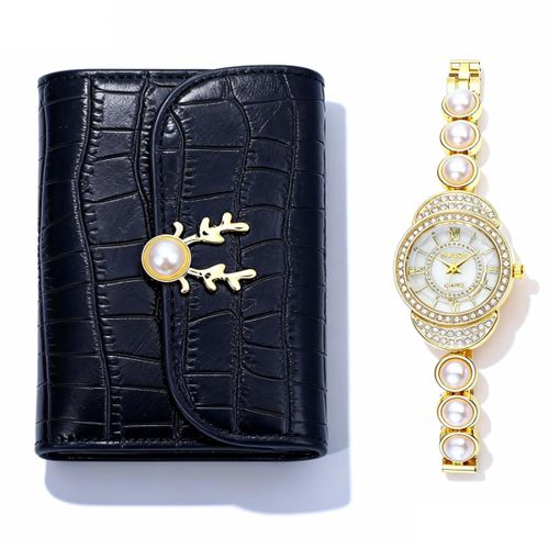Lady Watch Wallet Set Women Wrist Watch Black Purse Female Quartz Watch PU Short Wallet