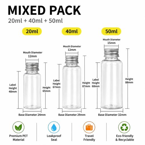 Mixed PackPolyethylene Terephthalate (PET) Plastic Travel Bottles 20ml 40ml 50ml Leakproof Refillable Cosmetic Containers Portable Empty Plastic Bottles Set