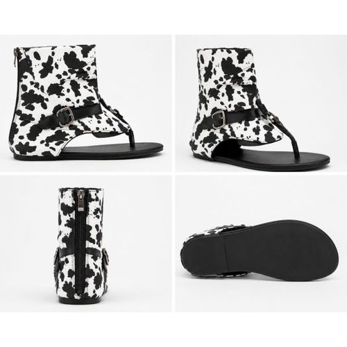 Cow Print Gladiator Sandals for Women – Stylish Flat Summer Boots with Buckle Strap