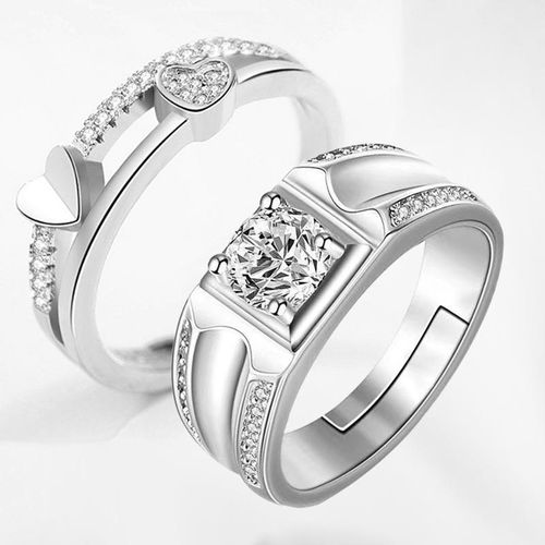 2 Piece Couple Ring Adjustable Size Zircon Engagement Ring Valentine's Day Gift - Silver