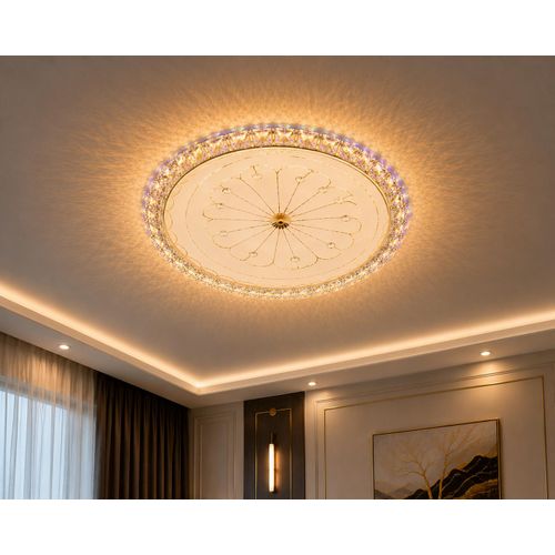 Luxury crystal round ceiling light with Bluetooth connectivity.