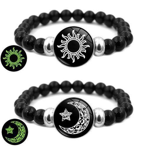 Sun and Moon Glow in the Dark Couple Beaded Bracelet Set Luminous Stone Bracelets for Lover Gift