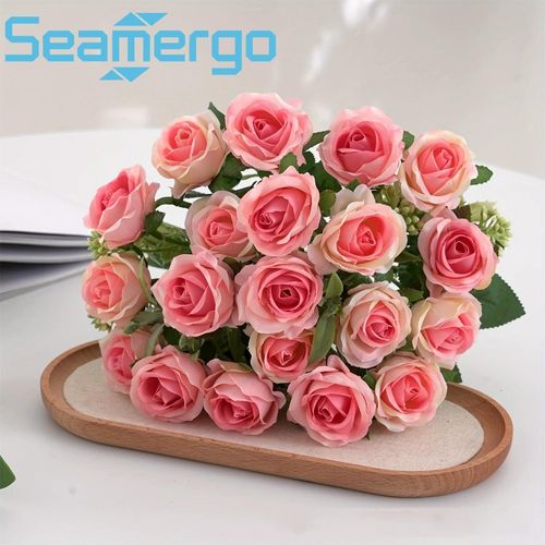 Seamergo Durable 10 Branch Faux Red Rose Bouquet 3PCS Artificial Silk Floral For Engagement Party Dining Table Indoor Home Ornament
