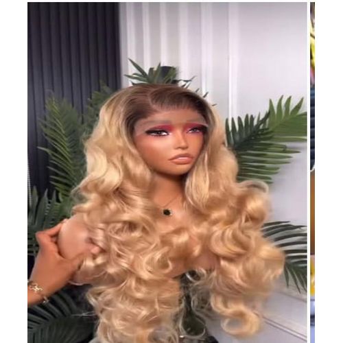 2 Tone glueless Bouncy Curly Hair Wig With 55 Closure color blonde
