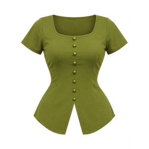 Women’s Olive Green Fitted Button Detail Short Sleeve Top