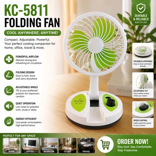 KC-5811 Portable Folding Fan – Multifunctional Adjustable Tabletop Fan for Home, Office, Bedroom & Travel
