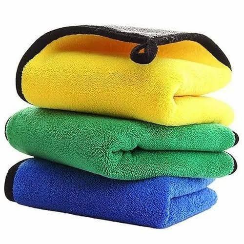 3-Piece Dual-Sided Plush Microfiber Cleaning Towels – Car & Household Wash Cloths (Yellow, Green, Blue)