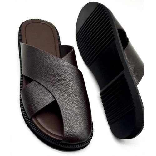 Men's Premium Leather Cross Strap Slide - Dark Brown