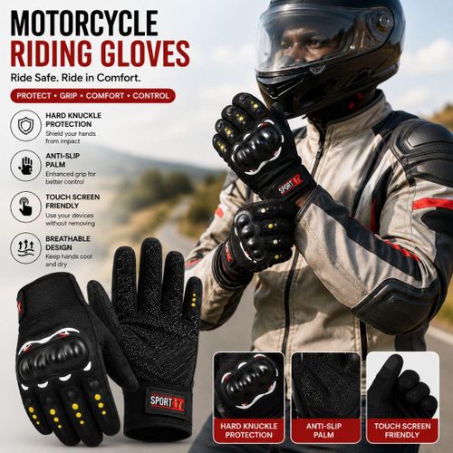 Motorcycle Full Finger Riding Gloves with Hard Knuckle Protection, Anti-Slip Touch Screen Breathable Cycling Gloves, Black