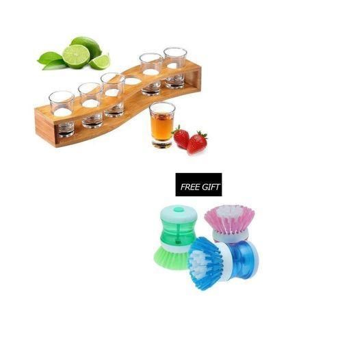 6 Solid Tequila Shot Glasses With Wooden Holder And Free Cleaning Brush