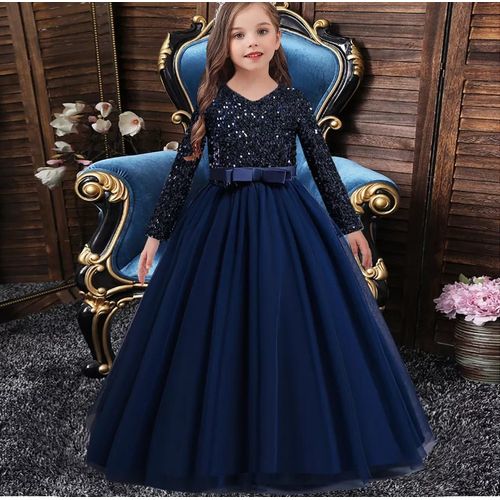 GIRL LUXURY SHIMMER L/S LONG GOWN - NAVY BLUE- G90