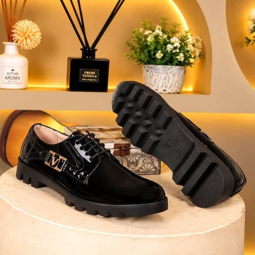 Men's Gold Logo Patent Leather Lace-Up Shoes - Black Lug Sole Derby Shoes