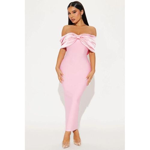 Pink Bandage Off Shoulder Short Sleeve Back Zipper Slit Midi Dress for Women Party Clubwear Night Out