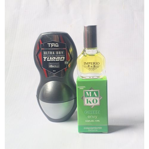 Perfume Combo 2 in 1 of Deodorant Tag Roll On Black 50ml and Mako Green Oil Perfume 5ml (Unisex Daily Comfort), NAFDAC Number: Roll On: A2-105054, EDP: A2-105047