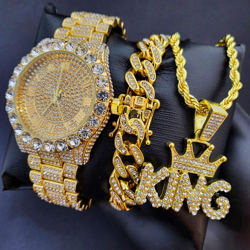 Sophisticated Classic Stone Studded Wrist Watch + Studded Free Armlet & Neck Set For Men