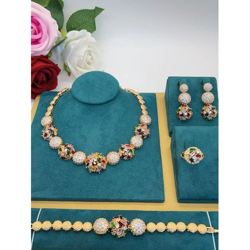 Zirconia First Grade Diamond Iced Luxury Complete Sets Of Gold Necklace,Earring , Bracelet And Ring Set