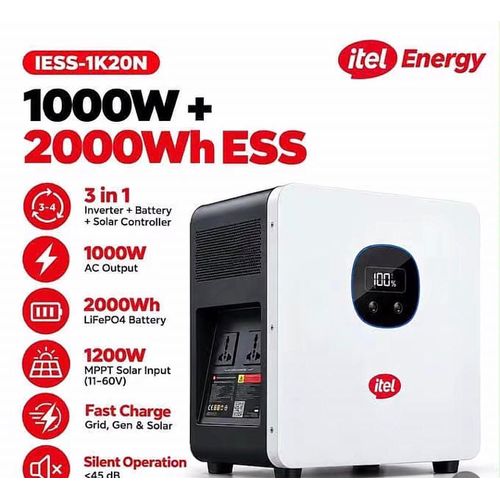 Power Tank Energy IESS-1K20N - 1000W + 2000Wh ESS - 3 in 1 All-in-One Power Station - 1000W Inverter + 2000Wh LiFePO4 Battery + 1200W MPPT Solar Controller - Silent