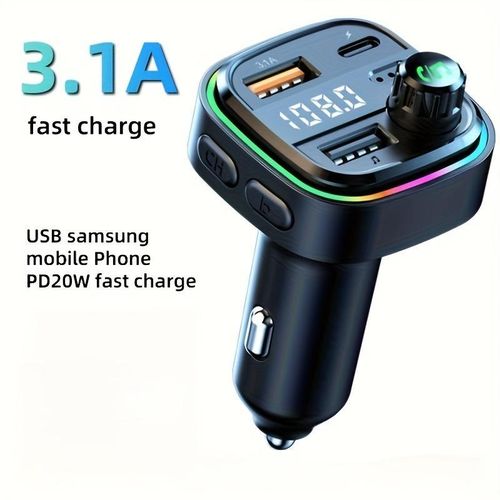 Bluetooth 5.0 Car FM Transmitter, PD 25W Fast Charger Car Adapter with Hands-Free Call, USB/Type-C Charging Port, U Disk Support, RGB Ambient Light, Car Radio Audio Receiver for All Cars