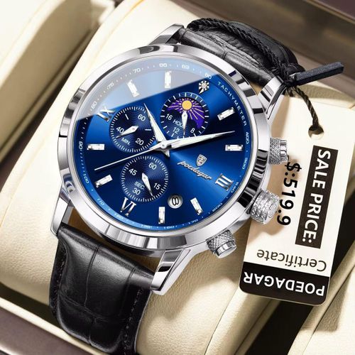 BLACK LEATHER HIGH TOP NOTCH MEN FASHION WRIST WATCH(GENTLE BLUE SCREEN)