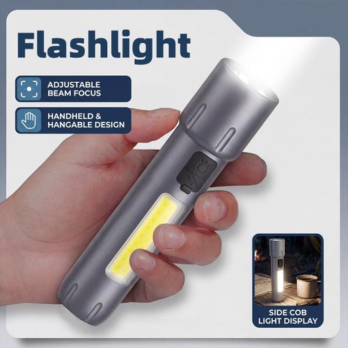 Multifunctional Rechargeable Flashlight with COB Side Light – Adjustable Beam Focus – 3 Lighting Modes (High/Strobe/Flood) – Side COB Camping Lantern – Waterproof Rainproof – Built-in Large Battery – Handheld & Hanging – 4-8 Hours Runtime