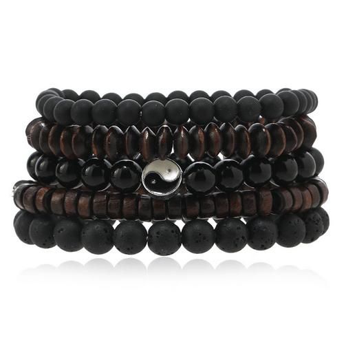 Natural Vintage style 5 Stacked Genuine Leather, Rope & Wood Bead Bracelets