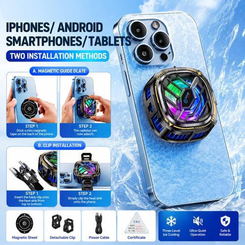 Magnetic Cell Phone Cooler, RGB Phone Cooling Fan Portable Lightweight Mobile Phone Cooling Fan, Phone Radiator with Larger Cooling Area for Phone/Tablet/IPad (with Digital displays)