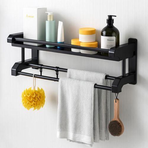 Bathroom Towel Rack Shelf Shower Caddy with 6 Hooks Wall Mounted Storage Shelves