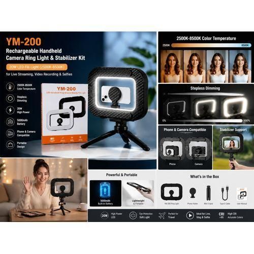 Rechargeable Handheld Camera Ring Light & Stabilizer Kit – 20W LED Fill Light (2500K-8500K) for Live Streaming, Video Recording & Selfies