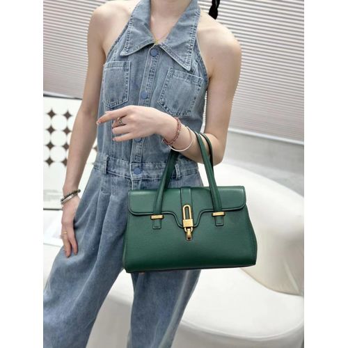 Elegant Structured Monogram Satchel Handbag - Green