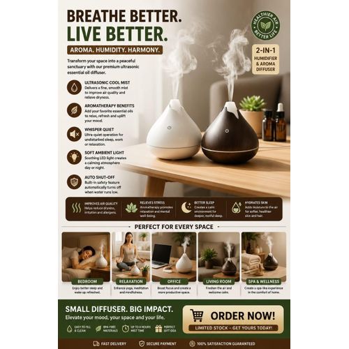Ultrasonic Humidifier & Aroma Diffuser – Cool Mist, LED Ambient Light, Auto Shut-Off – BPA-Free, Whisper Quiet – Up to 8 Hours Mist