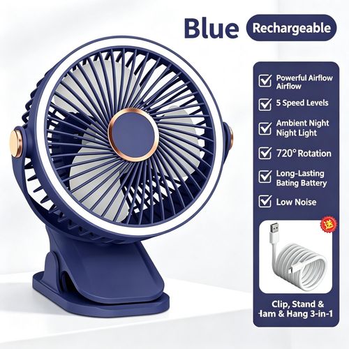 Rechargeable Fan Portable 3-in-1 Clip Stand & Hang 5 Speed Night Light for Home Office Camping