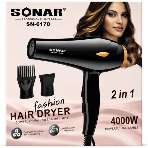 SN-6170 Professional Hair Dryer 4000W – 2-in-1 Fast Drying Hair Styling Tool with Concentrator & Comb Nozzle