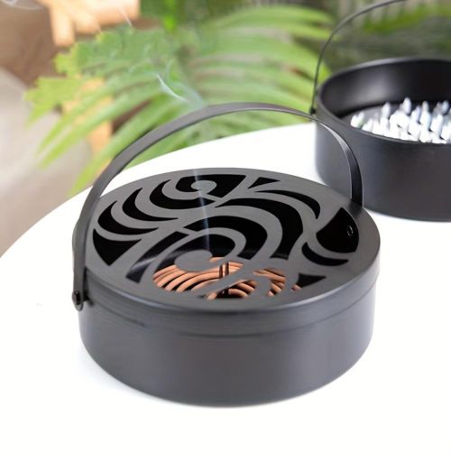 1pcs Portable hanging mosquito coil tray with lid, household wrought iron hollow incense burner rack, can be hung.