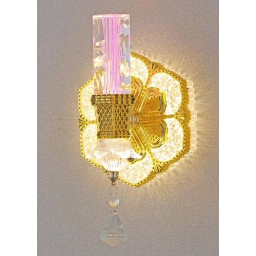 Luxury Modern Crystal Flower LED Wall Sconce – Gold Finish with Pink Ambient Lighting