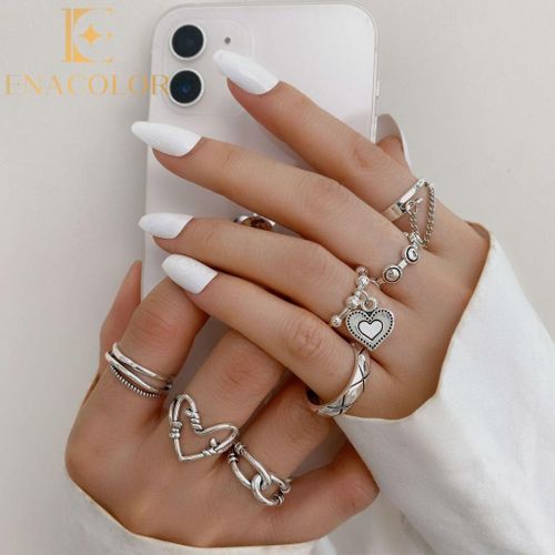 7Pcs/Set Vintage Retro Love Heart Silver Set Open Rings for Women Personality Girl Adjust Accessories