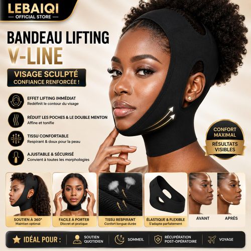 Black V-shaped face lift mask, breathable fabric, comfortable fit to the face