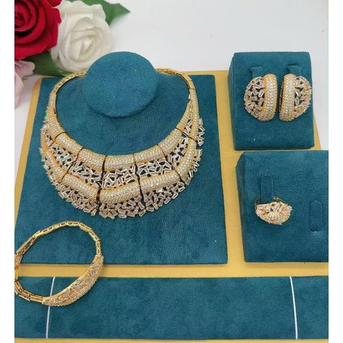 Zirconia Dubai Diamond Iced Gold Sparkling Jewelry Necklace/Bracelet/Ring & Ear Ring Sets